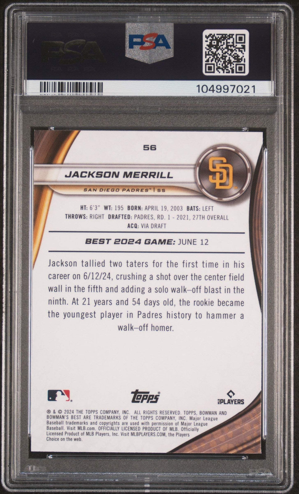 Graded 2024 Topps Bowmans Best Jackson Merrill #56 Rookie Baseball Card PSA 10
