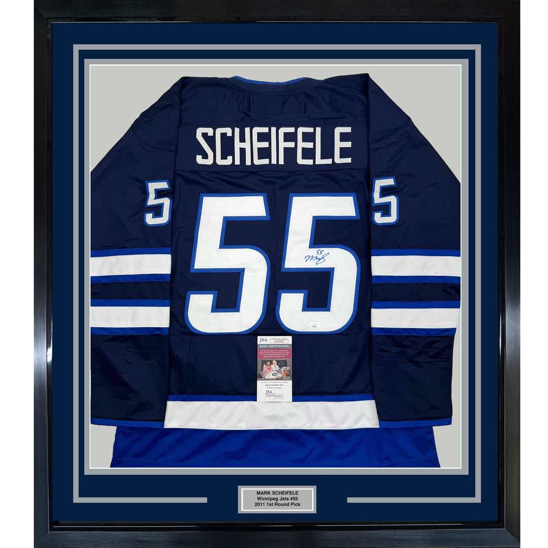 Framed Autographed/Signed Mark Scheifele 35x39 Winnipeg Blue Jersey JSA COA