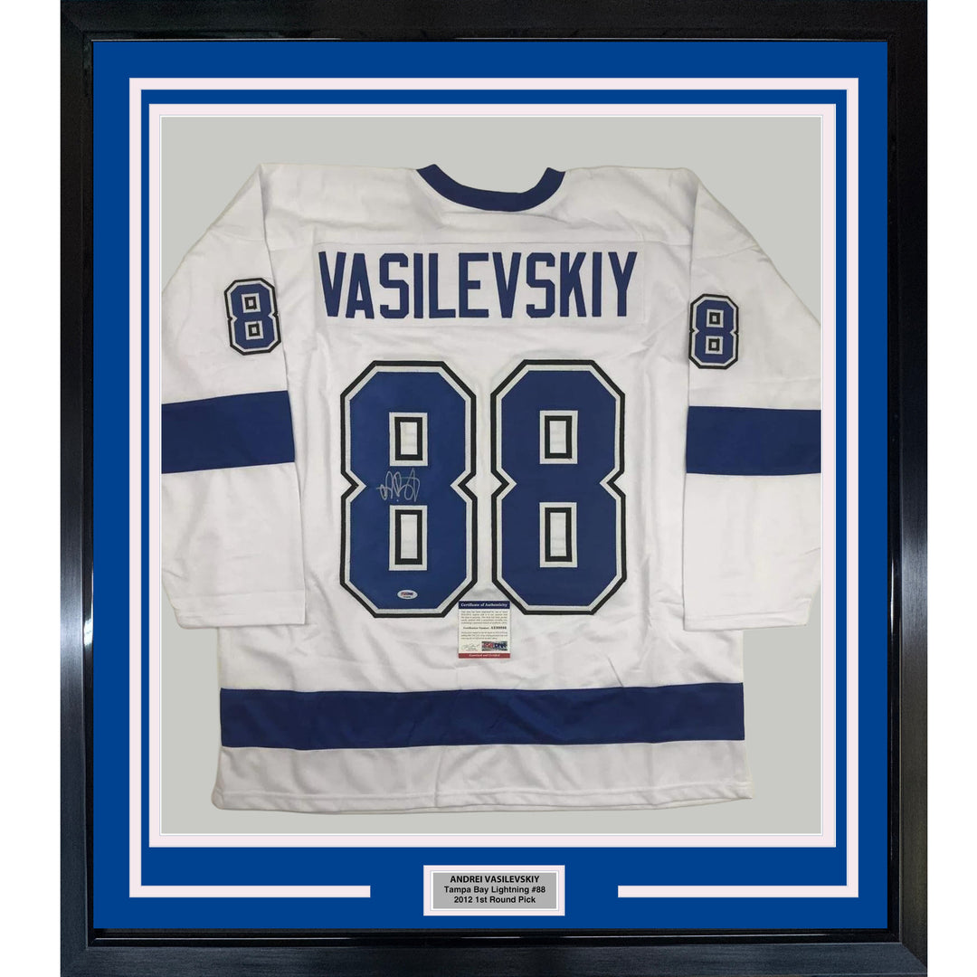 FRAMED Autographed/Signed ANDREI VASILEVSKIY 33x42 TB White Jersey PSA/DNA COA