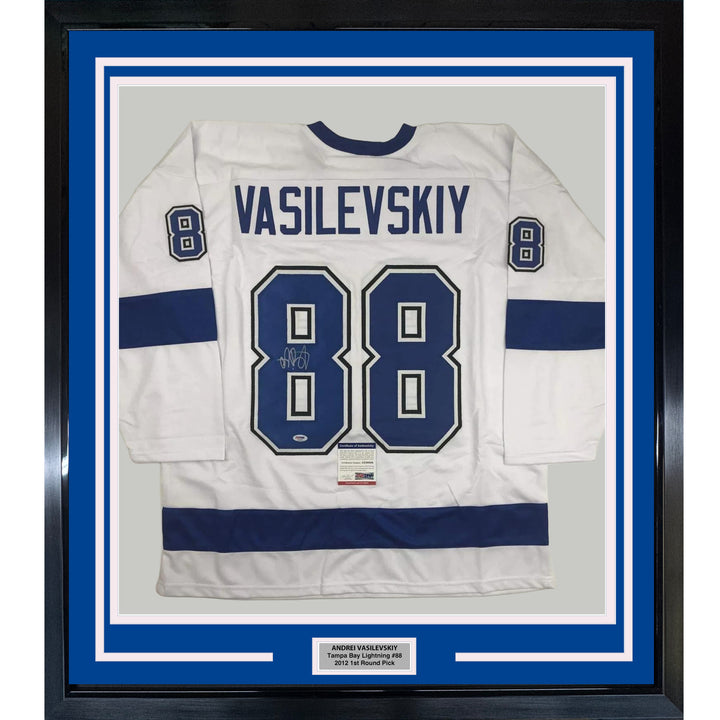 FRAMED Autographed/Signed ANDREI VASILEVSKIY 33x42 TB White Jersey PSA/DNA COA