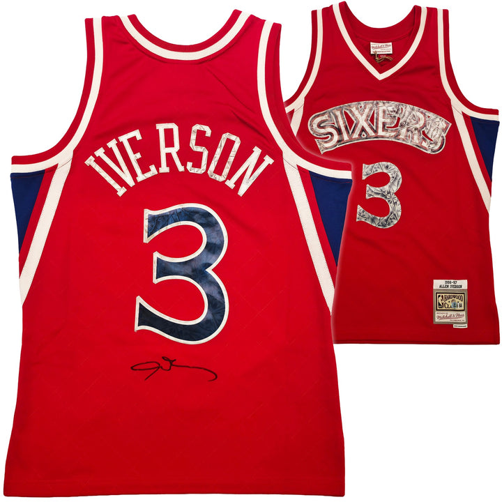 76ers Allen Iverson Auto Red Mitchell Ness 96-97 Swingman NBA 75th Jersey M BAS
