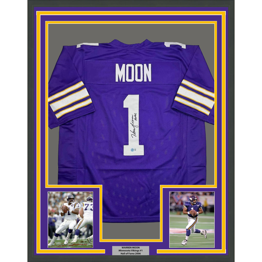 Framed Autographed/Signed Warren Moon 35x36 Minnesota Purple Jersey Beckett COA