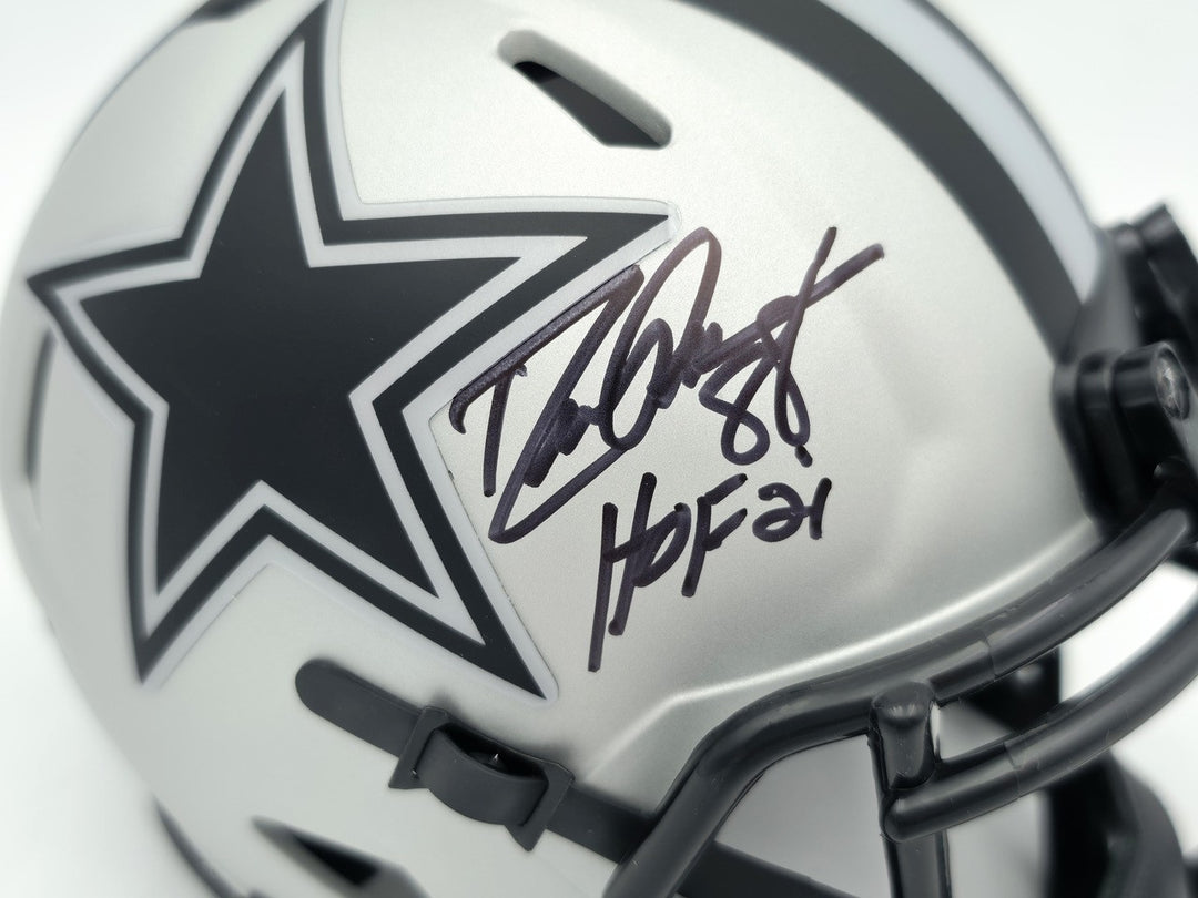 Drew Pearson Signed Cowboys Rave Silver Speed Mini Helmet "HOF 21" Beckett