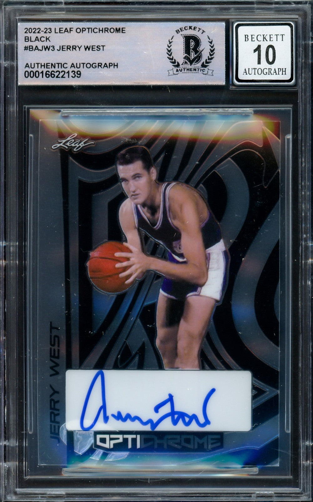 Jerry West Auto 2022-23 Leaf Optichrome Black Card BAJW3 Lakers Sig 10 Beckett
