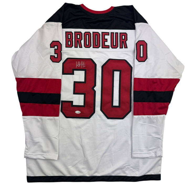 Autographed/Signed Martin Brodeur New Jersey NJ White Hockey Jersey BAS COA