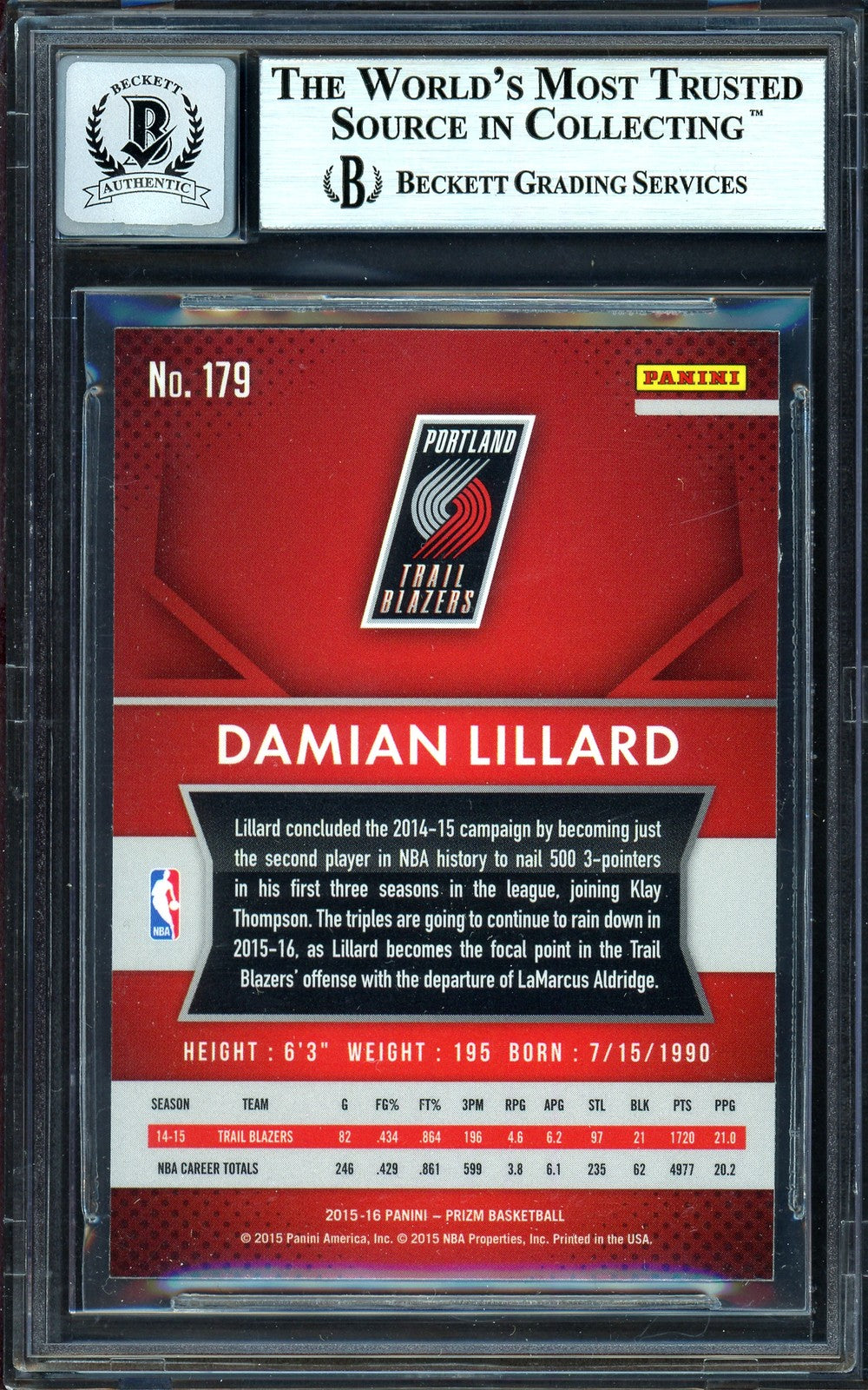 Damian Lillard Auto 2015-16 Panini Prizm Card 179 Trail Blazers Auto 10 Beckett