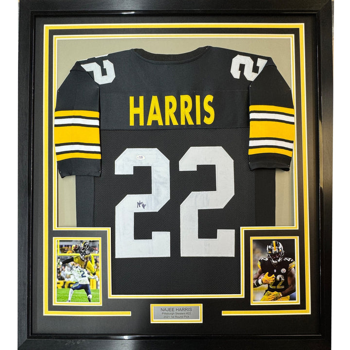 Framed Signed Najee Harris 35x39 Pittsburgh Black Jersey Beckett COA