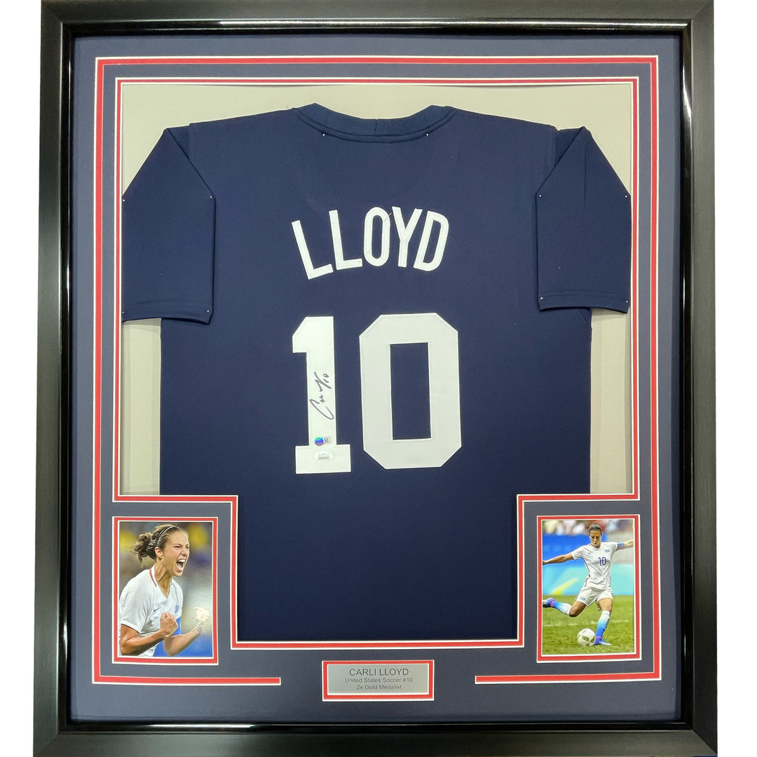 Framed Autographed Carli Lloyd 33x42 Navy Blue Team USA World Cup Jersey JSA COA