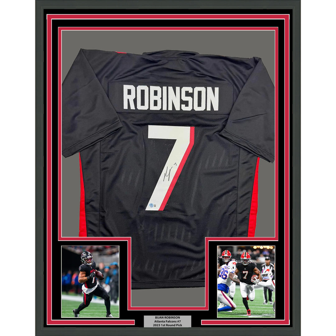 Framed Autographed/Signed Bijan Robinson 35x39 Atlanta Black Jersey Beckett COA