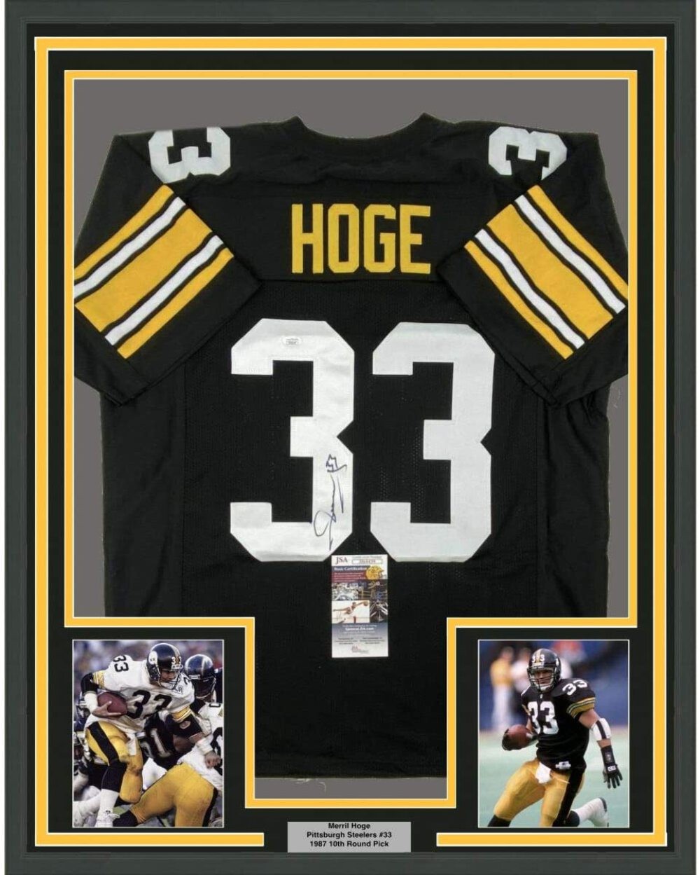 FRAMED Autographed/Signed MERRIL HOGE 33x42 Pittsburgh Black Jersey JSA COA Auto