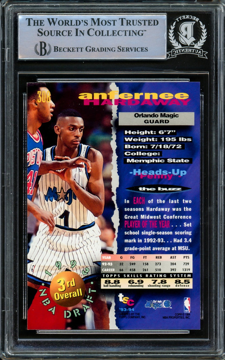 Anfernee Penny Hardaway Auto 1993-94 Stadium Club RC 308 Magic Beckett #15091591