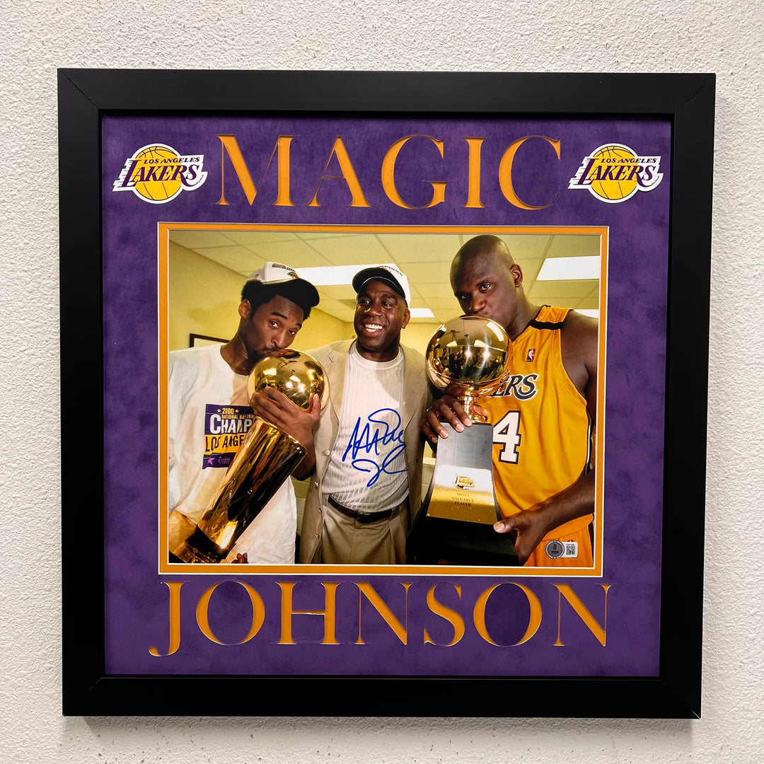Magic Johnson Custom Framed Display LA Lakers Signed Basketball 11x14 Photo BAS