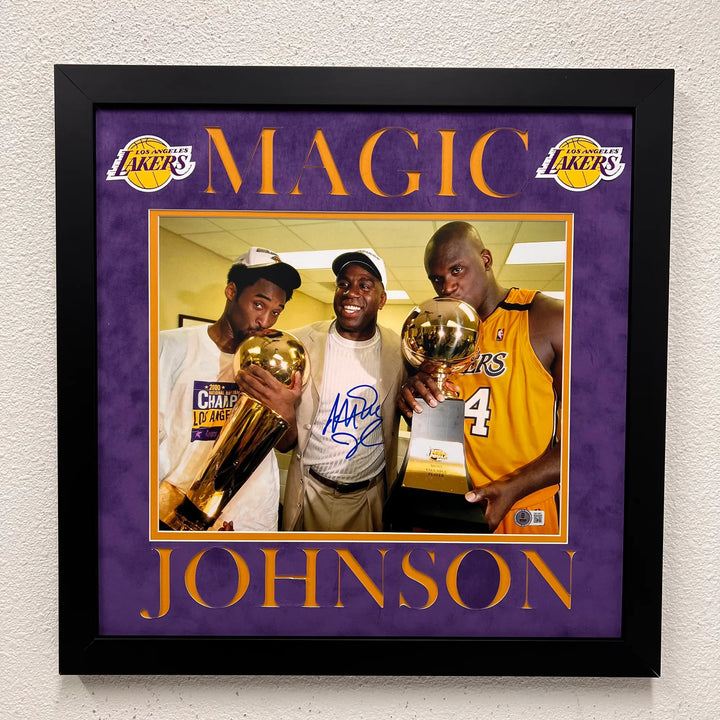 Magic Johnson Custom Framed Display LA Lakers Signed Basketball 11x14 Photo BAS