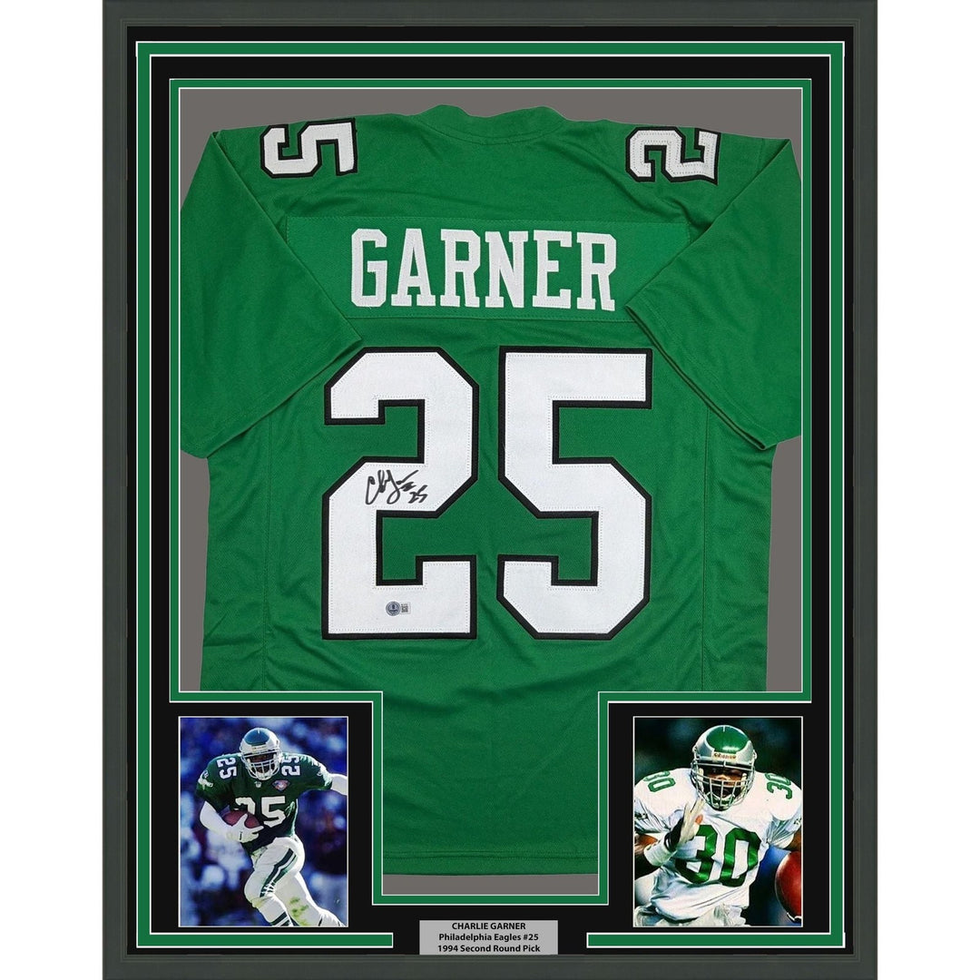 Framed Signed Charlie Garner 35x39 Philadelphia Kelly Green Jersey BAS COA