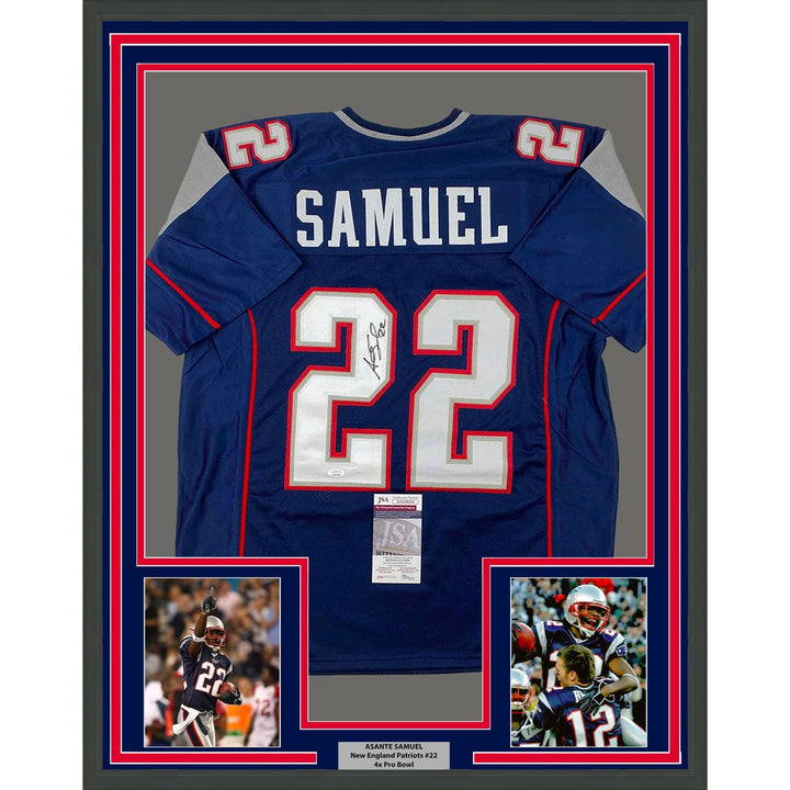 Framed Autographed/Signed Asante Samuel Sr. 35x39 Blue Jersey JSA COA
