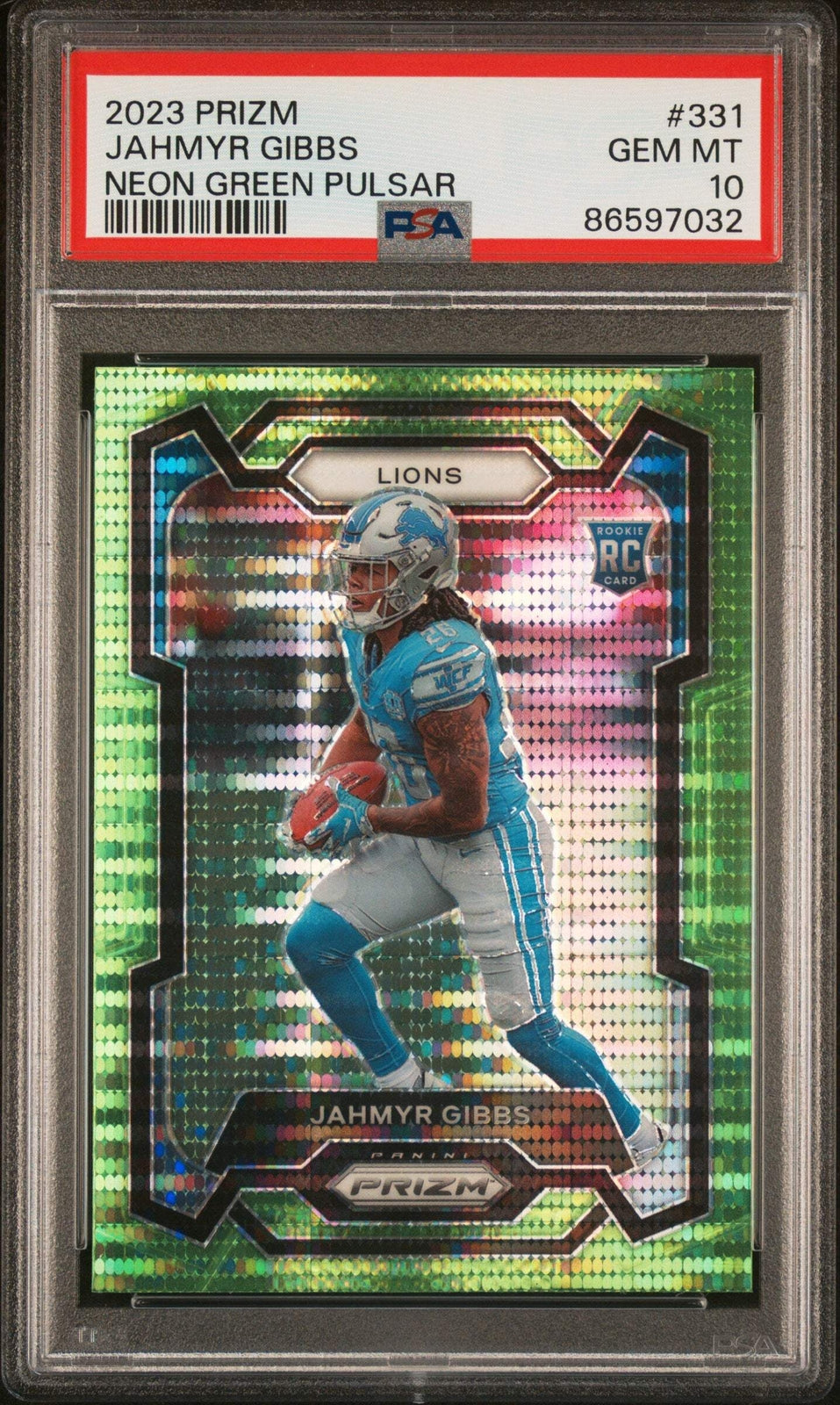 Graded 2023 Donruss Jahmyr Gibbs #331 Neon Green Pulsar RC Football Card PSA 10