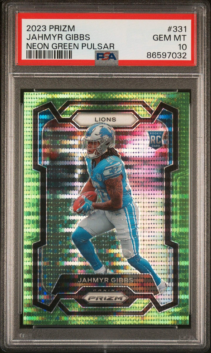 Graded 2023 Donruss Jahmyr Gibbs #331 Neon Green Pulsar RC Football Card PSA 10