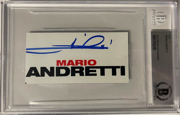 Mario Andretti signed 2x4 Andretti Logo Cut Signature- BAS/Beckett Encapsulated