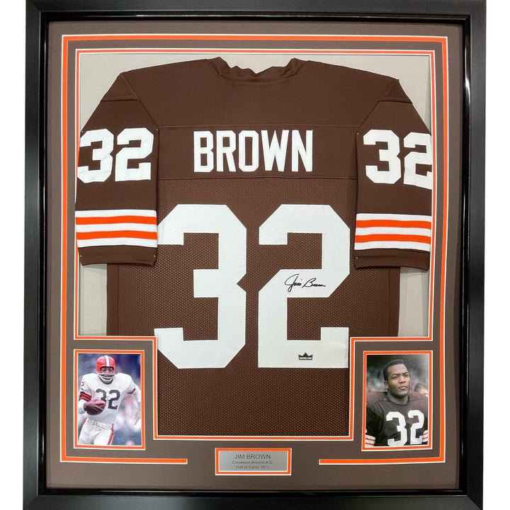 Framed Facsimile Autographed Jim Brown 33x42 Brown Reprint Laser Auto Jersey