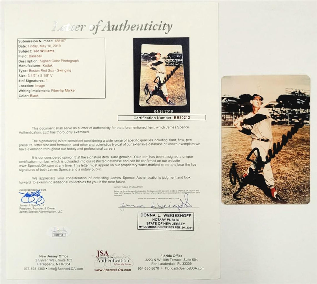 Ted Williams signed 3x5 Photo Boston Red Sox autograph ~ JSA