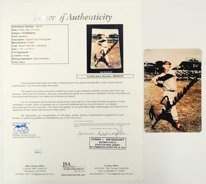 Ted Williams signed 3x5 Photo Boston Red Sox autograph ~ JSA