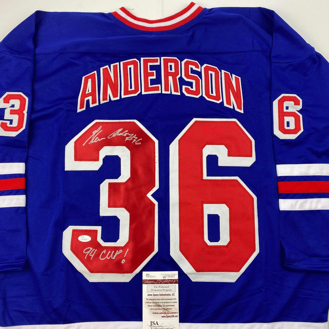 Autographed/Signed Glenn Anderson 94 SC Champs New York Blue Jersey JSA COA
