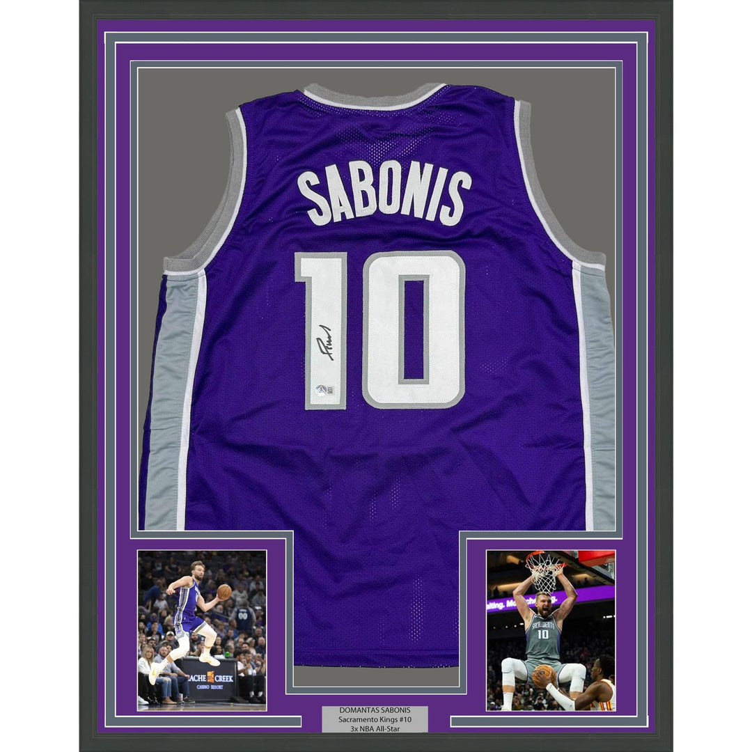 Framed Autographed/Signed Domantas Sabonis 35x39 Purple Jersey Beckett COA