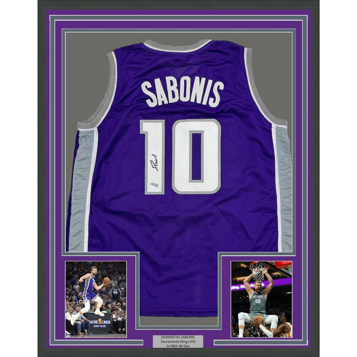 Framed Autographed/Signed Domantas Sabonis 35x39 Purple Jersey Beckett COA