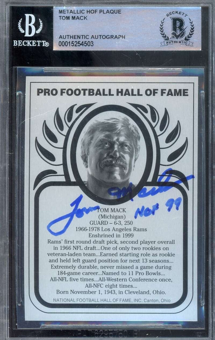 Tom Mack Beckett BAS Signed Metallic HOF Plaque Autograph