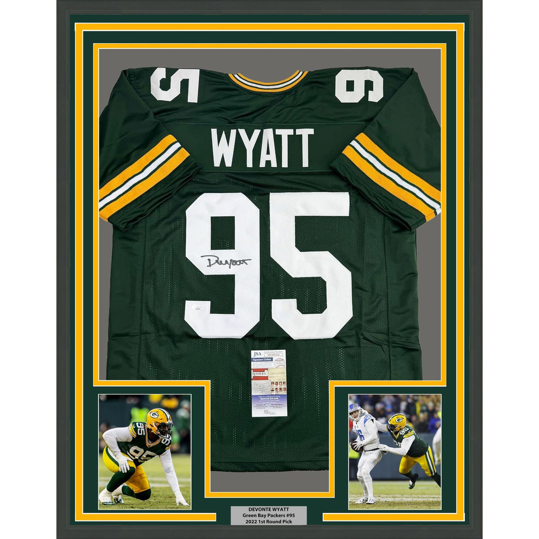 Framed Signed Devonte Wyatt 35x39 Green Bay Green Jersey JSA COA