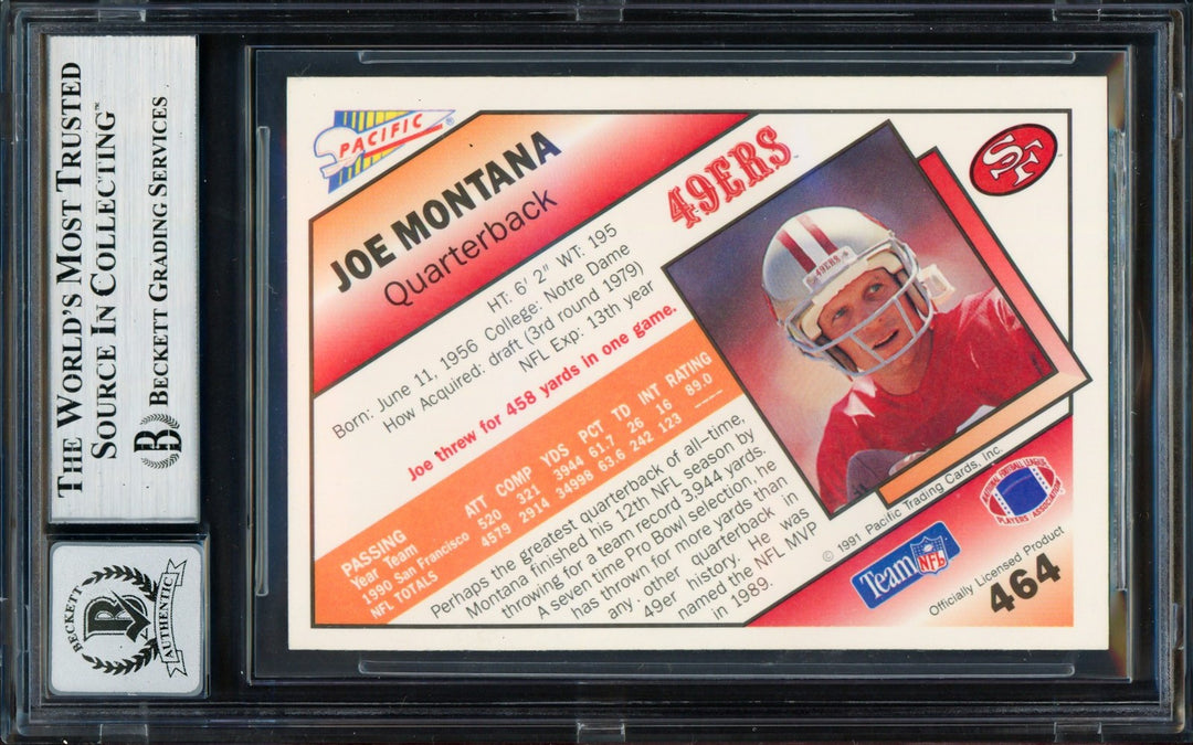 Joe Montana Signed 1991 Pacific Card 464 San Francisco 49ers Auto GM 10 Beckett