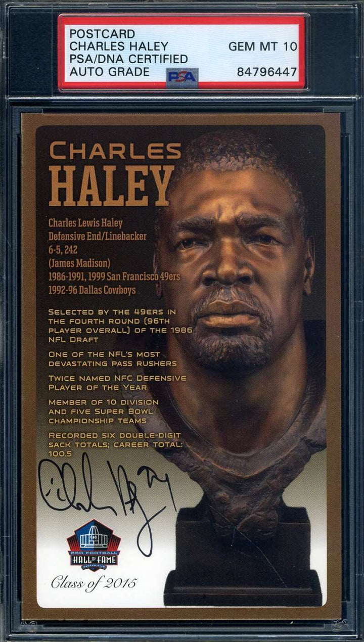 Charles Haley Gem Mint 10 PSA DNA Signed HOF Bronze Bust Postcard Autographed