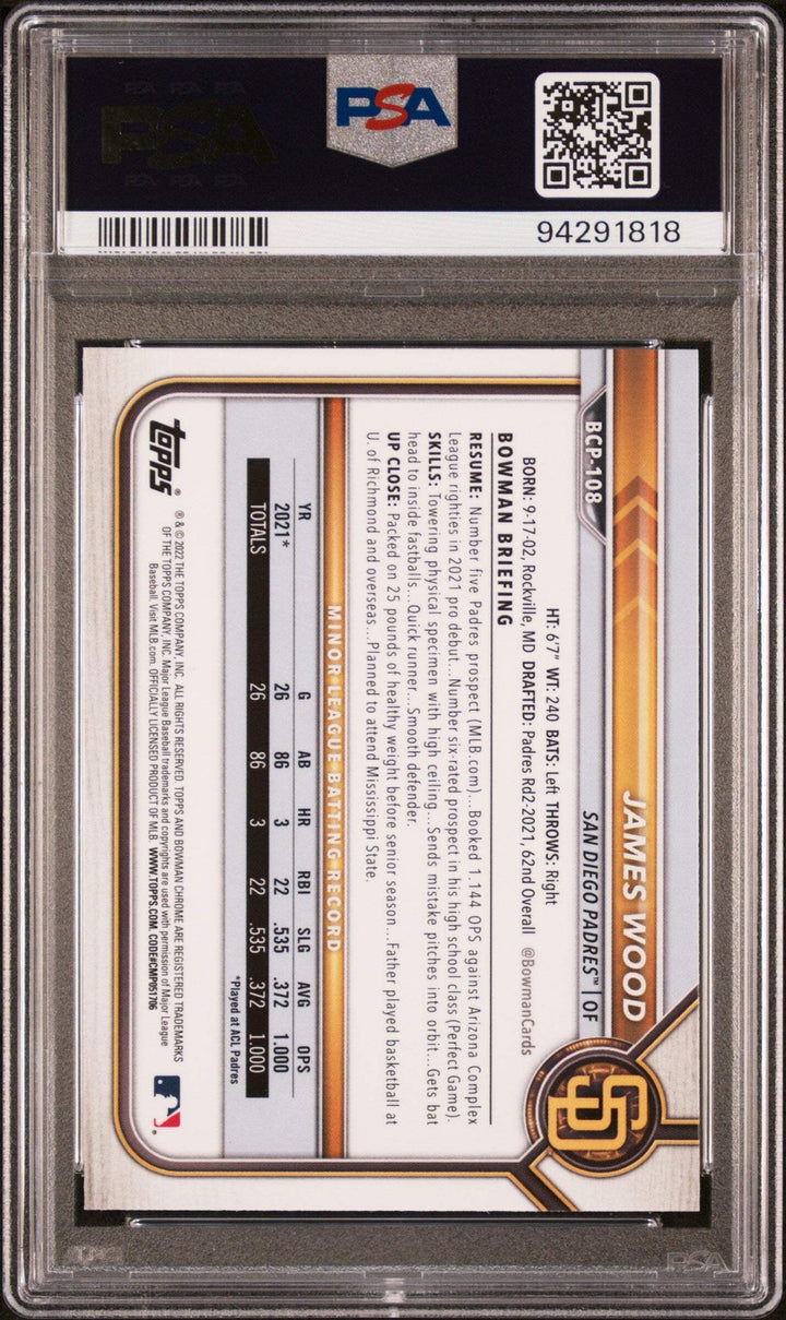 Graded 2022 Topps Bowman James Wood #BCP108 Chrome Prospects Rookie Card PSA 10