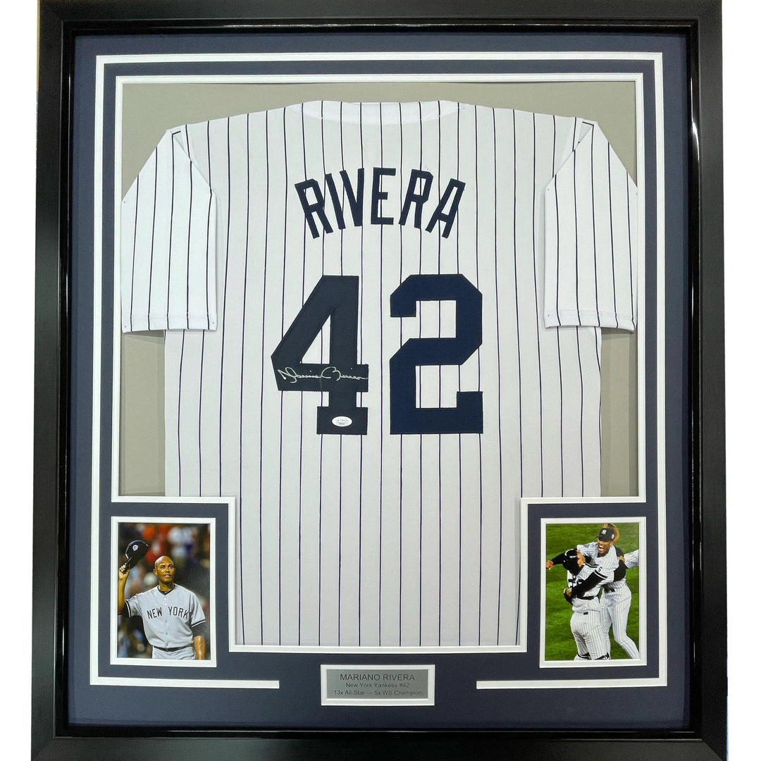 Framed Autographed/Signed Mariano Rivera 33x42 NY Pinstripe Jersey JSA COA/LOA