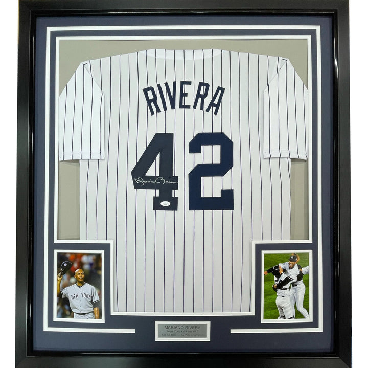 Framed Autographed/Signed Mariano Rivera 33x42 NY Pinstripe Jersey JSA COA/LOA