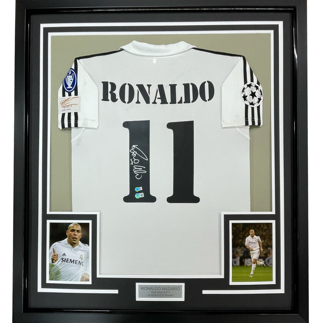 Framed Signed Ronaldo Nazario 35x39 Real Madrid White Jersey COA