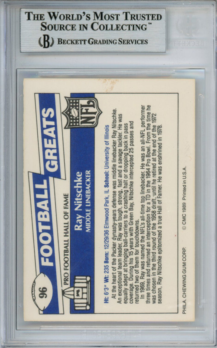 Ray Nitschke Autographed 1989 Swell #89 Trading Card Beckett Slab 37487