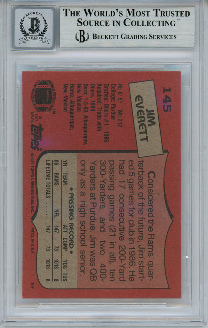 Jim Everett Autographed 1987 Topps #145 Rookie Card Beckett 10 Slab 35008