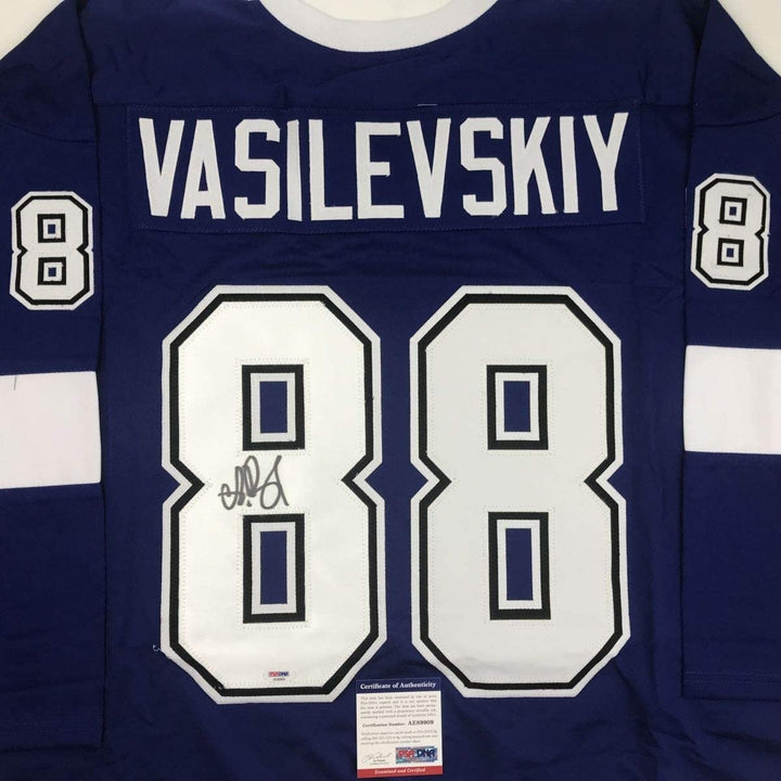 Autographed/Signed Andrei Vasilevskiy Tampa Bay Blue Jersey PSA/DNA COA