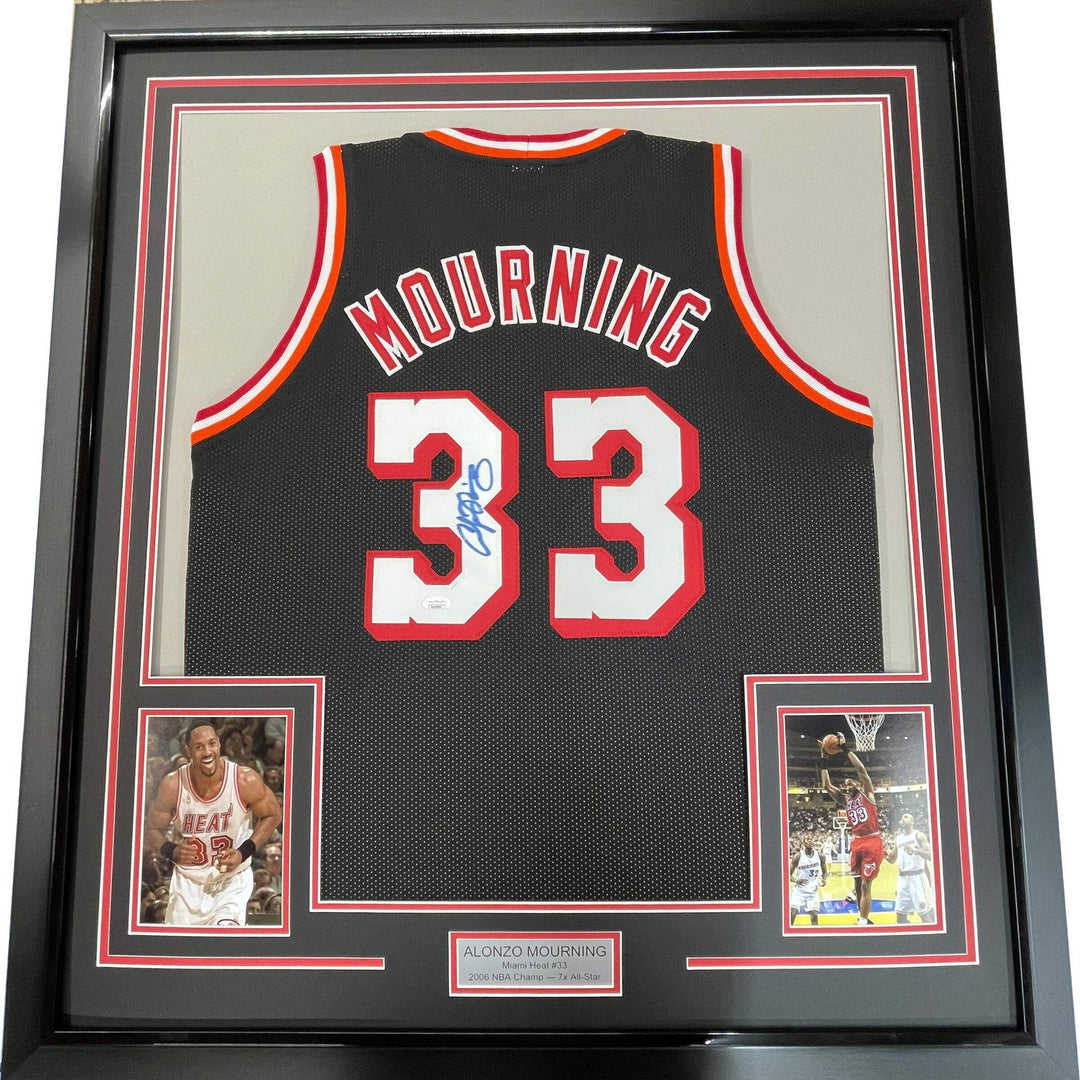 FRAMED Autographed/Signed ALONZO MOURNING 33x42 Miami Black Jersey JSA COA Auto