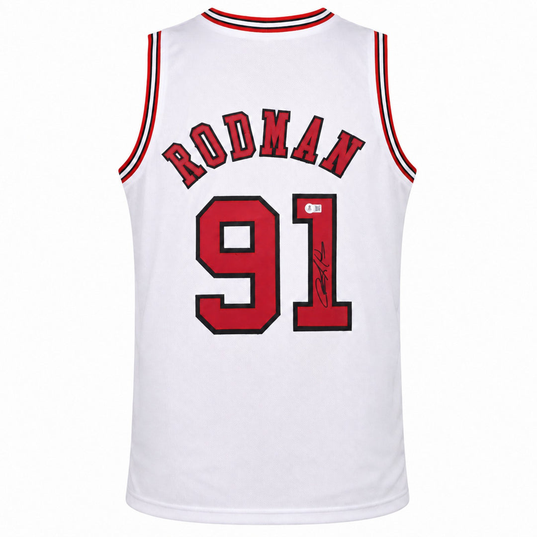 Chicago Bulls Dennis Rodman Signed White Jersey Beckett BAS Witness