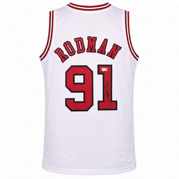 Chicago Bulls Dennis Rodman Signed White Jersey Beckett BAS Witness