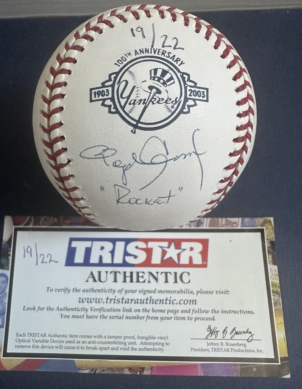 Roger Clemens Signed 100 Anniv Yankees Baseball Rocket Auto MLB Tri-Star Le /22