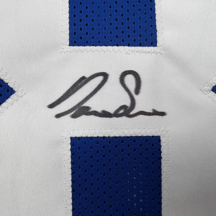 Autographed/Signed DARIUS SLAYTON New York Blue Football Jersey JSA COA Auto