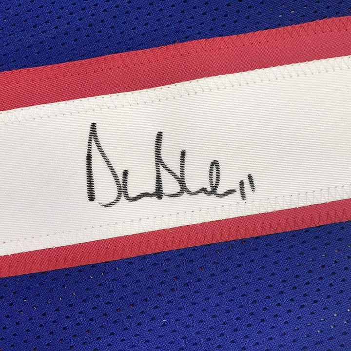 Framed Signed Drew Bledsoe 35x39 New England Patriots Blue Jersey BAS COA