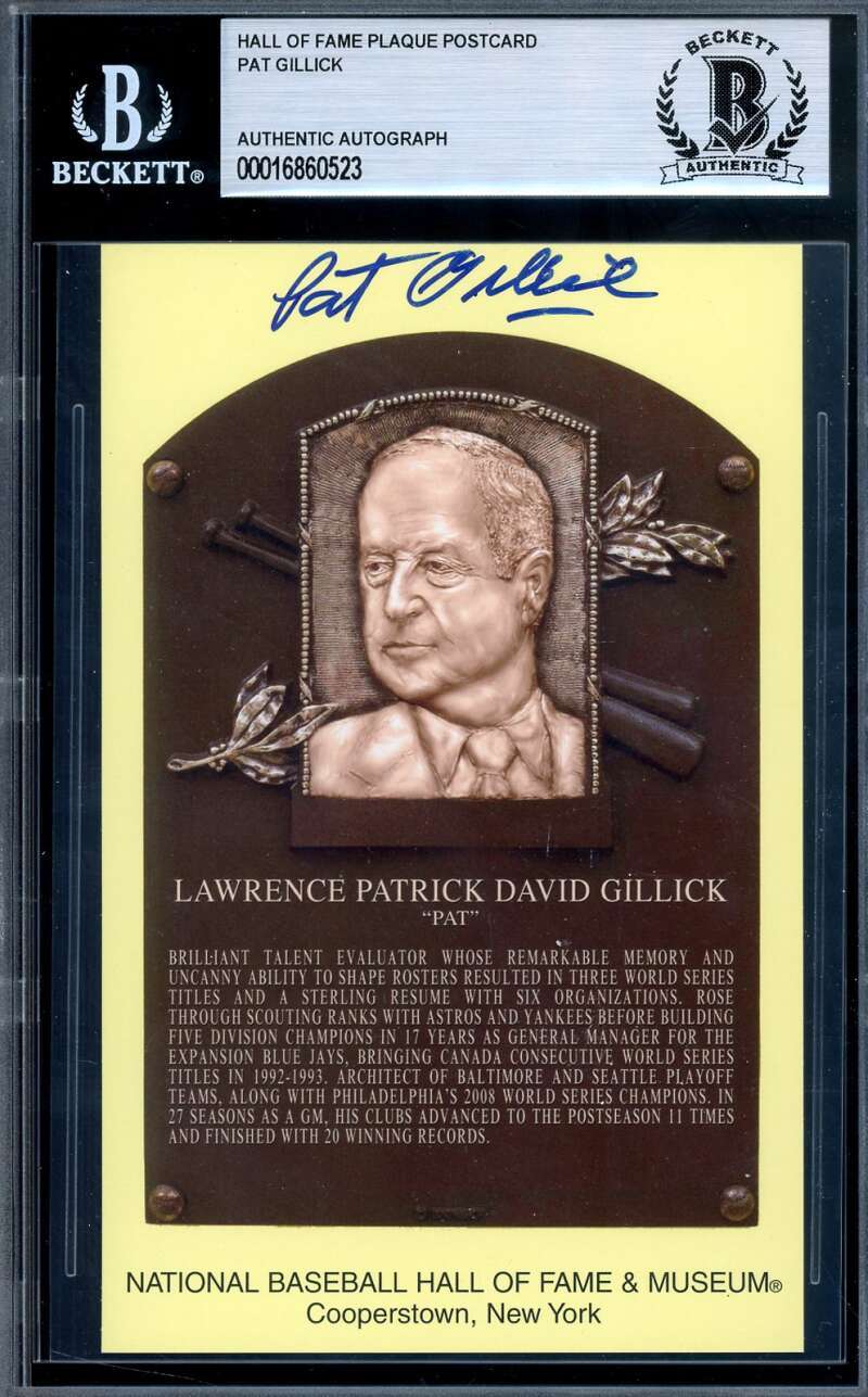 Pat Gillick Beckett BAS Signed Gold Hall of Fame Plaque Autograph