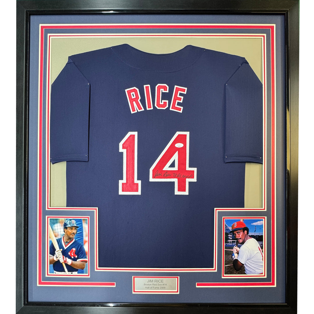 FRAMED Autographed/Signed JIM RICE 33x42 Boston Blue Baseball Jersey JSA COA