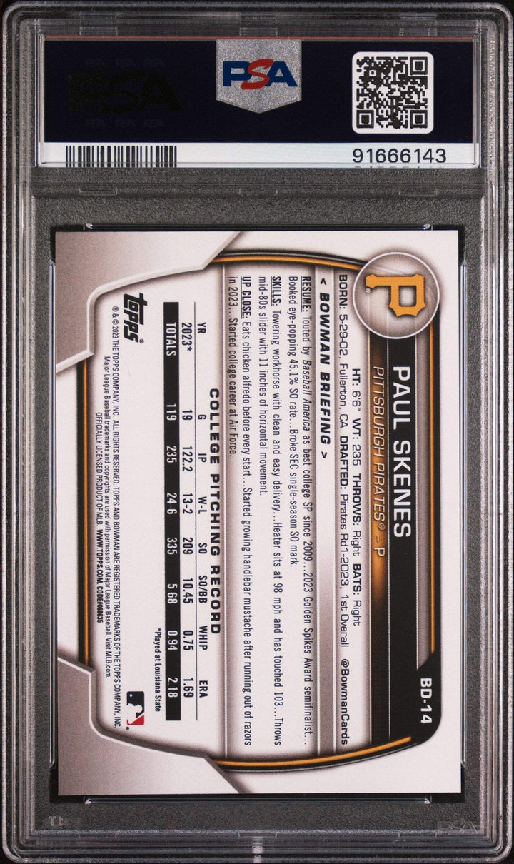 Graded 2023 Topps Bowman Draft Paul Skenes #BD14 Rookie RC Baseball Card PSA 9