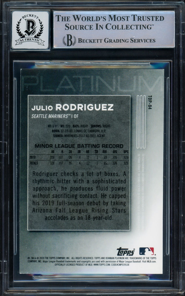 Julio Rodriguez Auto 2020 Bowman Platinum Top Prospects RC TOP94 Sig 10 BAS