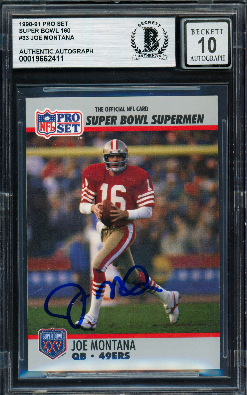 Joe Montana Signed 1990 Pro Set Supermen Card 33 49ers Auto GM 10 Beckett